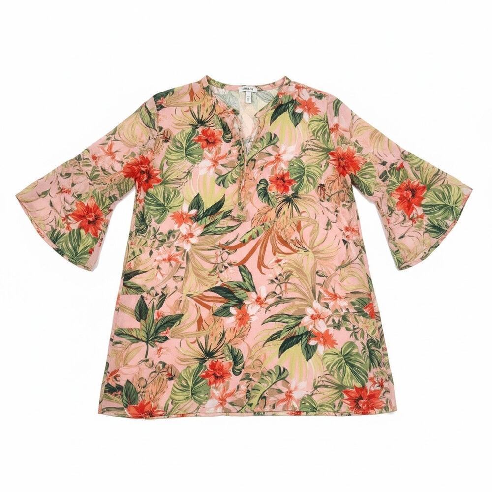 J,Jill Tropical Paradise Seashell Pink Floral Chiffon Tunic Top Resort Vacation